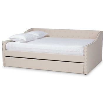 Norys Fabric Upholstered Size Daybed, Beige, Queen, Roll-Out Trundle