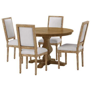 Merlene French Country Fabric Upholstered Wood 5-Piece Circular Dining Set, Natural/Light Gray