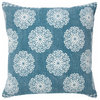 20" X 20" Lagoon Blue And White 100% Cotton Floral Zippered Pillow