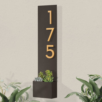 Standing Tall Address Planter + House Numbers, Brown, Brass Font