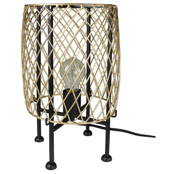 Industrial Glam Gold Cage Table Lamp 14 in Round Diamond Lattice Metal Shade