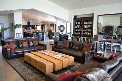 Living room - large transitional open concept medium tone wood floor and brown floor living room idea in Other with white walls