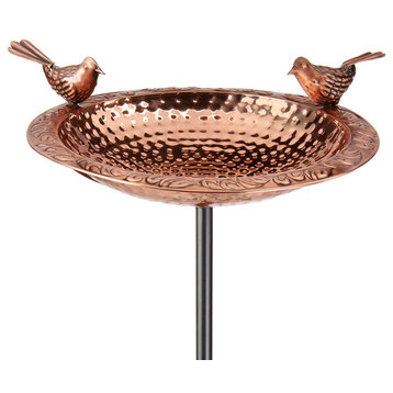 Pure Copper Bird Bath, Featuring Two Copper Birds, and Multipronged Garden Pole