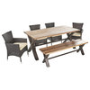 GDF Studio 6-Piece Trellis Outdoor Wood Dining Set With Wicker Dining Chairs
