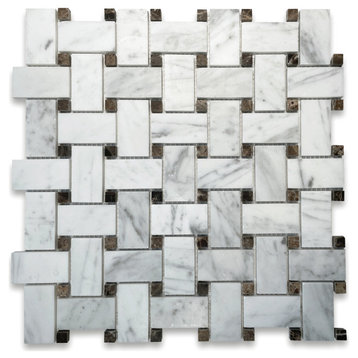 Carrara Venato Marble 1x2 Basketweave Mosaic Tile Brown Dots Honed, 1 sheet