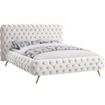 Meridian Furniture - Delano Velvet Upholstered Bed, Cream, Queen - Surround yourself in modern luxury when you add this Delano Cream Velvet Queen Bed to your bedroom oasis. Sumptuous by design, this bed features all-over button tufting for a look that is nothing short of stunning. This dimensional bed features a heavily padded headboard and side rails, each covered in magnificent-to-the-touch Cream velvet for a look that's upscale and simply divine. Metal legs on this bed allow easy clearance for vacuuming, and the bed uses just a mattress, so there's no need for a box spring or foundation, which only adds to its sleek look.