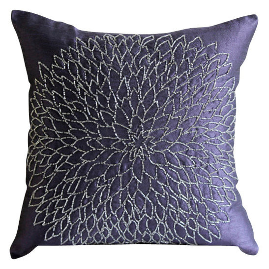 Purple Art Silk Beaded Flower Pillow Covers, Silver Flower