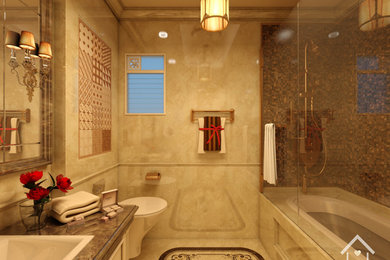 Example of a mid-sized classic beige tile and marble tile marble floor and beige floor bathroom design in Other with beige walls