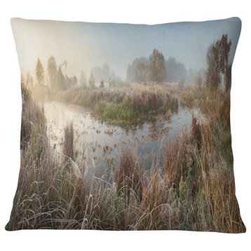 Frosty Grass Aside River Panorama Landscape Printed Throw Pillow, 16"x16"