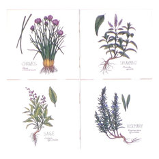 Green Herb Ceramic Tile Chives Spearmint Sage Rosemary, 4-Piece Set
