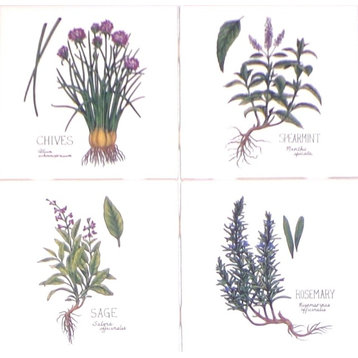 Green Herb Ceramic Tile Chives Spearmint Sage Rosemary, 4-Piece Set