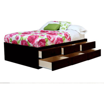 Full Size Storage Bed, 12 Drawers, Pine Wood, Espresso