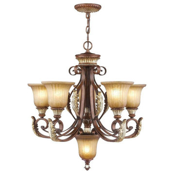 6 Light Verona Bronze With Aged Gold Leaf Accents 26" Chandelier