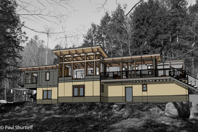 Diseño de fachada de casa contemporánea de dos plantas con revestimiento de aglomerado de cemento, tejado de un solo tendido y tejado de metal