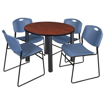 Kee 36" Round Breakroom Table- Cherry/ Black & 4 Zeng Stack Chairs- Blue