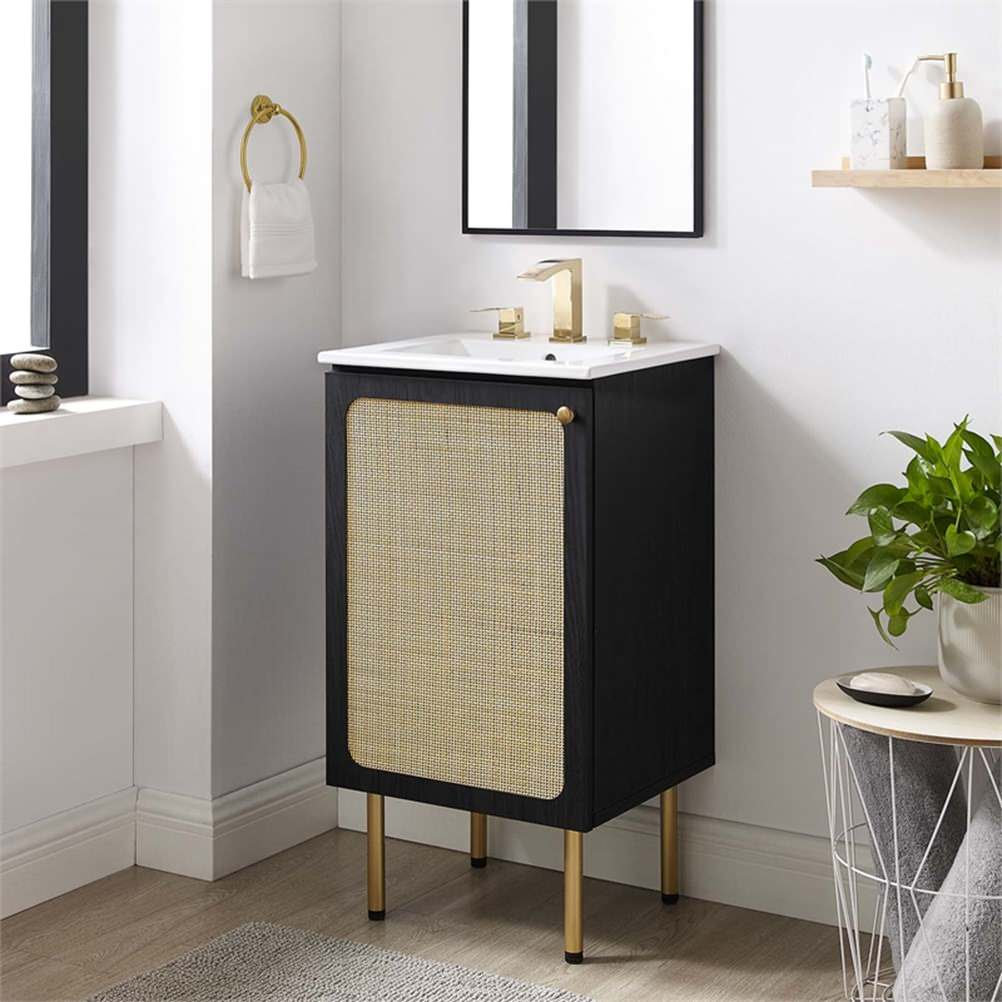 Modway Chaucer 18" Wood & Rattan Bathroom Vanity Cabinet in Black ...