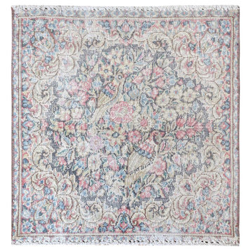 Colorful, Old Persian Kerman Worn Wool Hand Knotted Square Rug, 1'9"x1'8"