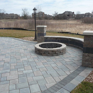 Unilock Richcliff Paver Patio w/ a Seat Wall, Fire Pit & Light Post