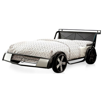 Bowery Hill Contemporary Metal Full Racecar Bed in Silver/Gun Metal
