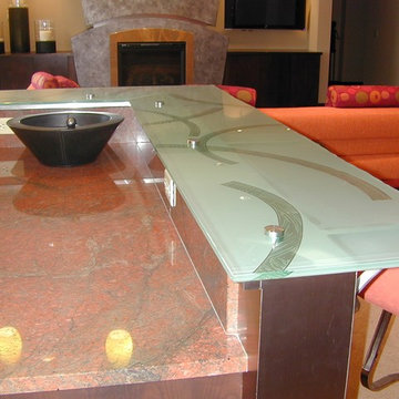 Raised Glass Bar Top with Custom Carved and Etched Pattern