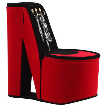 9" Tall Display Jewelry Box With Hooks, High Heel Shoe Design, Red Velvet