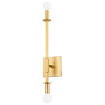 Mitzi - Milana 2 Light Wall Sconce, Aged Brass - Milana takes proportion play to the next level, delivering a statement-making wall sconce with brilliant form. A square backplate and center arm are strong modern features, offsetting the rounded curves in the sockets and bulbs. Finished in aged brass, polished nickel, and old bronze.