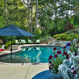 Großer Shabby-Look Schwimmteich hinter dem Haus in individueller Form mit Wasserrutsche und Dielen in Atlanta