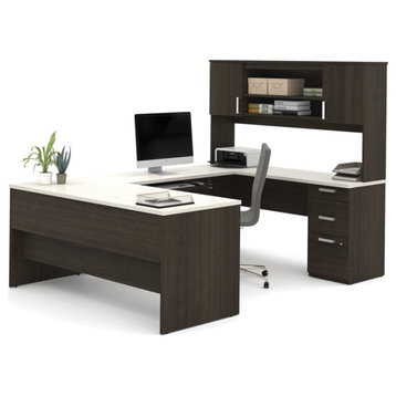 U-Shaped Desk With Hutch & Ample Storage Space, Dark Chocolate/White Chocolate