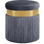 Meridian Furniture - Yasmine Velvet Upholstered Ottoman/Stool, Gray - Glam it up with this Yasmine Grey Velvet Ottoman/Stool. An elegant design marries traditional design elements with contemporary panache, with the result being this fabulous stool that will become the center of attention wherever you use it. The top of this beautiful stool is covered in velvet for a chic sophistication and soft comfort as you sit. The bottom is outfitted with thin tassels for added texture and fun, and a stainless steel band intersects the top and bottom to form an interesting and visually stunning contrast.