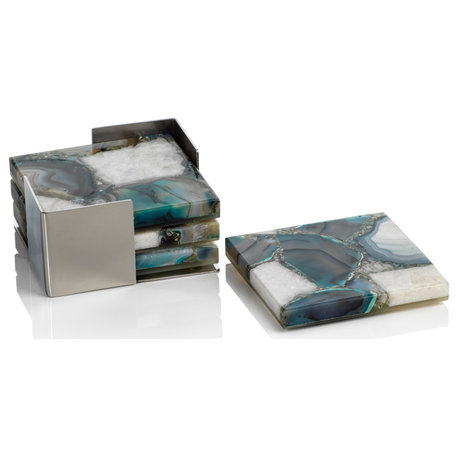 Corfu 4-Piece Set Agate Coasters on Metal Tray, Green-White