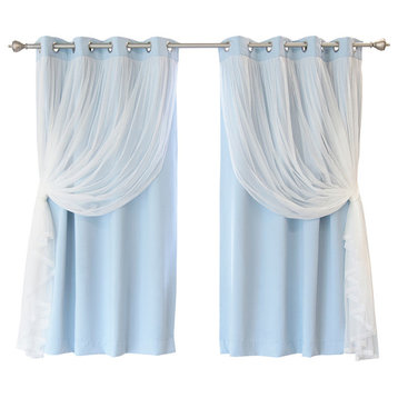 Grommet Blackout Curtains With Tulle Overlay, Skyblue, 63"