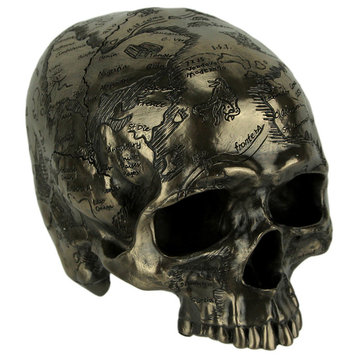 Bronze Finish Craniumography Old Treasure Map On Skull Statue