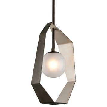 Origami LED Pendant, Frosted Clear Glass, Graphite With Silver Leaf, 12"