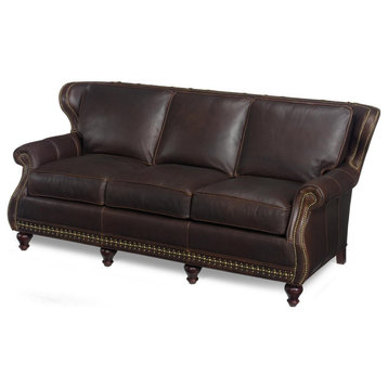 Leather Sofa  Wood  Brown Leather Upholstered  Wing Back  Nailhead
