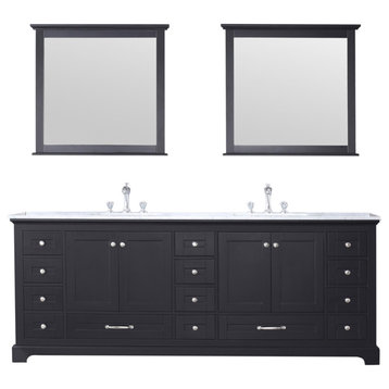 84" Double Vanity, Carrara Marble Top, Square Sinks and 34" Mirrors With Faucets