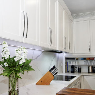 Идея дизайна: большая п-образная кухня в классическом стиле с кладовкой, одинарной раковиной, фасадами в стиле шейкер, белыми фасадами, столешницей из плитки, белым фартуком, фартуком из керамогранитной плитки, техникой из нержавеющей стали, темным паркетным полом, полуостровом и коричневым полом