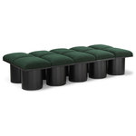 Meridian Furniture - Pavilion Black Boucle Fabric Bench, Green, Black Finish, 77.5" W X 36" D X 17.5" H - Bring valuable seating and remarkable style to your space with this green Pavilion Boucle Fabric Bench, an exquisite balance of style and usability for the entryway, bedroom, and beyond. Crafted from oak veneer with a black finish, this bench has a 4-inch-thick seat cushion that's channel-tufted for a touch of luxury. The bench's columnar bases add a dash of Art Deco design, making it a captivating focal point in any room.