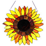 CHLOE Lighting - Sunnyville, Tiffany-Glass Sunflower Window Panel 16" - This round hand crafted Tiffany style sunflower design window panel/suncather will brighten up any room. The beautiful red, gold, yellow and orange color art glass will add beauty to any setting. Made by artisans from over 60 pieces of hand cut art glass.