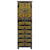 Chinese Tibetan Flower Graphic Tall Slim Multi Drawers Cabinet Hcs3915
