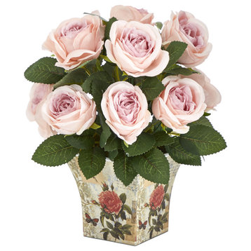 11" Rose Artificial Arrangement, Floral Vase