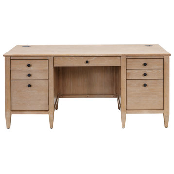 Modern Wood Double Pedestal Desk, Wood Office Desk, Fully Assembled, Light Brown