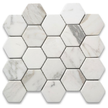 Tumbled Calacatta Gold Calcutta Marble 3 inch Hexagon Mosaic Tile, 1 sheet