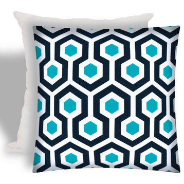 17" X 17" White And Aqua Zippered Geometric Throw Indoor Outdoor Pillow