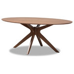 Wholesale Interiors - Monte Mid-Century Brown Finished Wood 71-Inch Oval Dining Table - Balance your dining space with the classic presence of the Monte dining table. Made in Malaysia, the Monte is comprised of sturdy wood showcasing a warm walnut brown finish. Its broad, oval shaped tabletop comfortably seats six. Requiring assembly, the Monte is supported by splayed legs for excellent stability with mid-century charm. Ideal for causal meals or formal dinners, the Monte dining table easily adapts to any occasion.