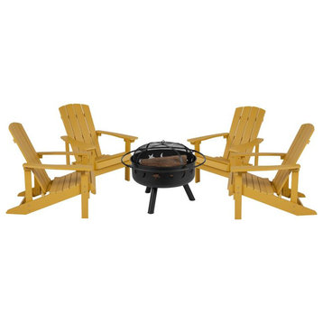 5 Pc Charlestown Poly Resin Wood Adirondack Chair Set with Fire Pit, Yellow