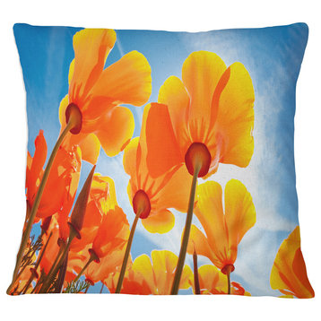 Yellow Spring Flowers on Blue Floral Throw Pillow, 16"x16"