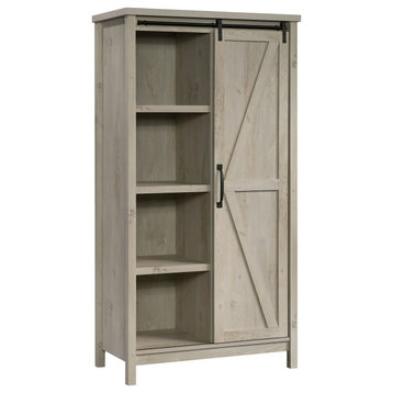 Farmhouse Bookcase, Shelves & Sliding Doors With Accented Front, Rustic Gray