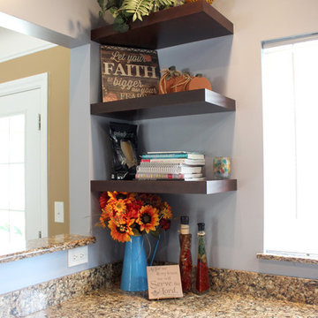 Transitional Cherry Kitchen with Tempered Rain Glass Backsplash