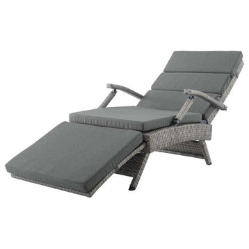 Contemporary Patio Chaise Lounge, Metal Frame With Rattan Cover and Padded Seat, Light Gray Charcoal