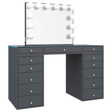 SlayStation Plus 2.0 Tabletop Vanity Mirror 5 Drawer Units Bundle, Charcoal, Frosted Led Globe Bulbs (Cool White)